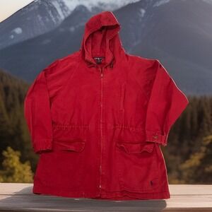 Vintage Ralph Lauren Barn Coat Adult M Red Zip Hooded Chore Minimalist USA Union